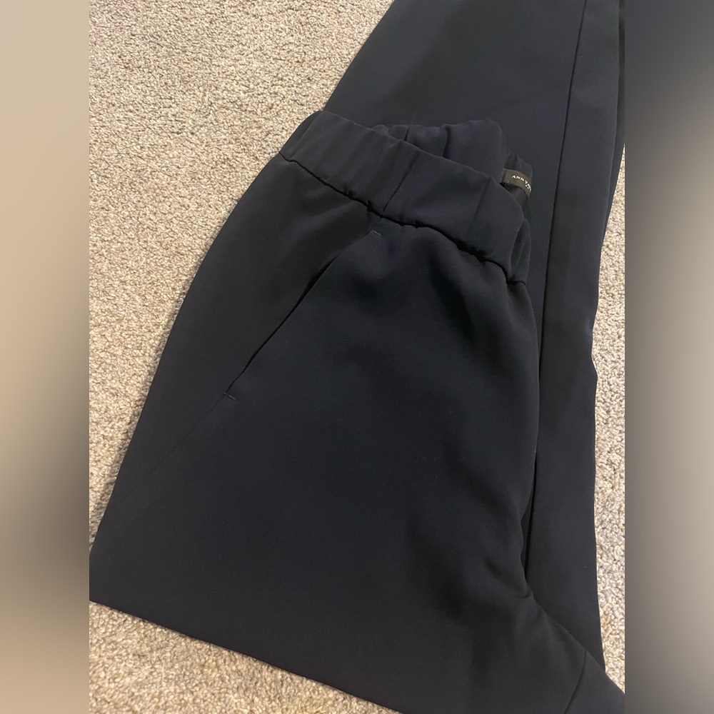 Navy straight leg dress pants with elastic waist